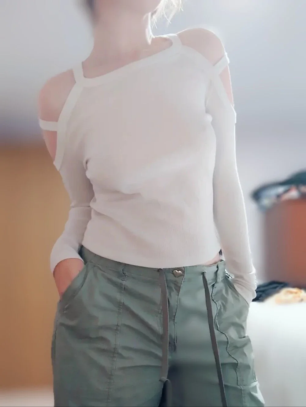 White Women's Cold-Shoulder Long Sleeve Top